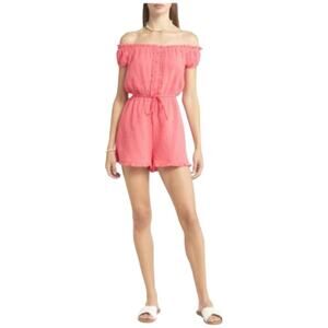 BP Pink Seersucker Off Shoulder Romper L Ruffle Trim Tie Waist Cotton
